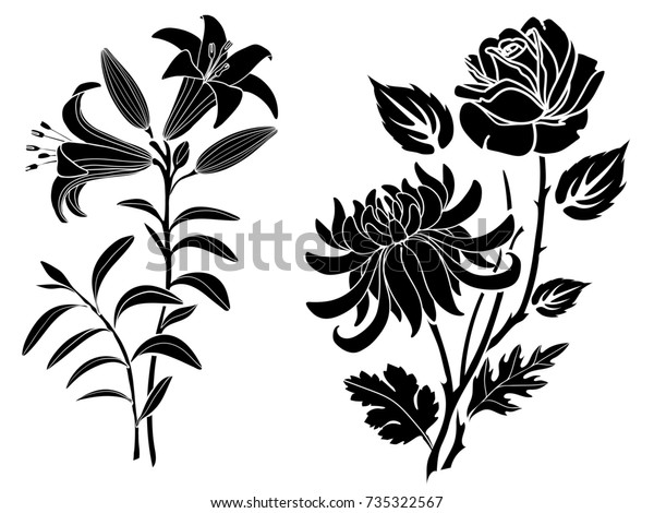 バラとユリと菊の入れ墨 白い背景に花と葉のシルエット のベクター画像素材 ロイヤリティフリー