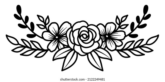 Rose lily flower bouquet triple, line design element, black white, vector illustration svg
