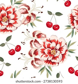 Rose, lily flowers, red cherry berry, green leaves, white background. Floral illustration. Vector seamless pattern. Botanical design. Nature garden. Summer plants