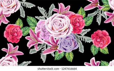 Rose and lily seamless pattern on black background