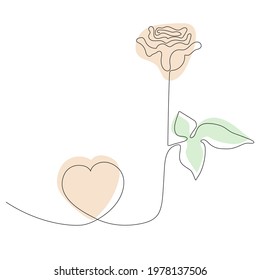Rose Line art. Beautiful flower And heart. Vector illustration. Continuous line drawing. Abstract minimal flower design for cover, prints, Home decor picture, design, posters, Greeting card
