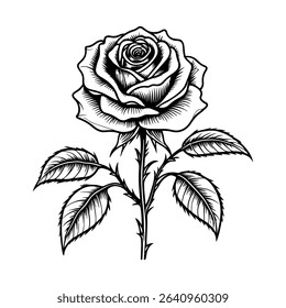 Rose Line Art, Black And White Rose Illustration, Hand-Drawn Flower Vector.