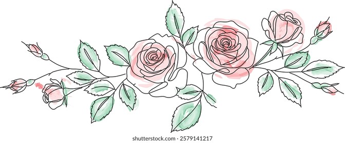 Rose Line Art Border with Watercolor Style Illustration