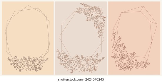 Rose line art Floral frames, card template vector.