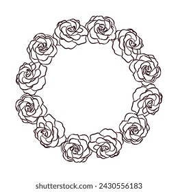 Marco de círculo de flores de arte de línea rosa para invitaciones o tarjeta, guirnalda simple de verdor para invitación de boda, ilustración vectorial dibujada a mano, aislado sobre fondo blanco.