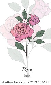 Rose Line Art. Rose flower vector Illustration. June Birth Month Flower. Rose outline isolated on white. Hand drawn line art botanical illustration.