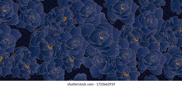 Rose line arts background vector. Luxury gold floral background with green and blue colour theme. Vector illustration.
