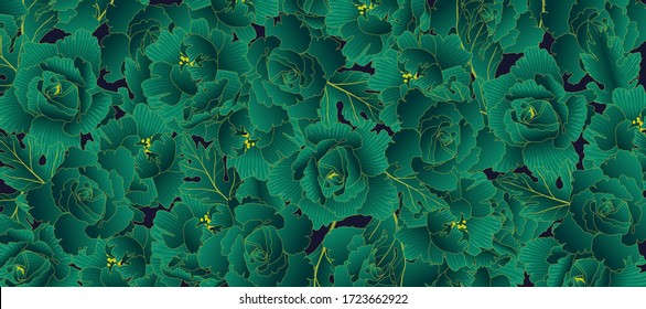 Rose line arts background vector. Luxury gold floral background with green and blue colour theme. Vector illustration.