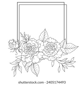 Dibujo de línea de rosa. Marcos florales en blanco y negro. Floral Line Art. Ilustración de flores de línea fina de rosa. Flores de contorno dibujadas a mano. Página de Coloración Botánica. Flores de invitación a la boda