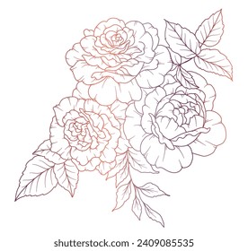 Rose Line Drawing. Black and white Floral Bouquets. Flower Coloring Page. Floral Line Art. Fine Line Rose flower illustration. Hand Drawn flowers. Botanical Coloring. Wedding invitation flowers