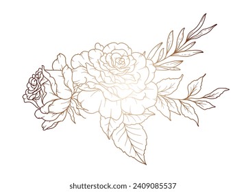 Rose Line Drawing. Black and white Floral Bouquets. Flower Coloring Page. Floral Line Art. Fine Line Rose flower illustration. Hand Drawn flowers. Botanical Coloring. Wedding invitation flowers