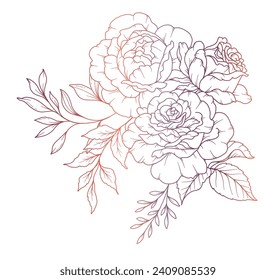 Rose Line Drawing. Black and white Floral Bouquets. Flower Coloring Page. Floral Line Art. Fine Line Rose flower illustration. Hand Drawn flowers. Botanical Coloring. Wedding invitation flowers