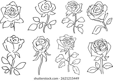 
Rose line drawing illustration material vector set