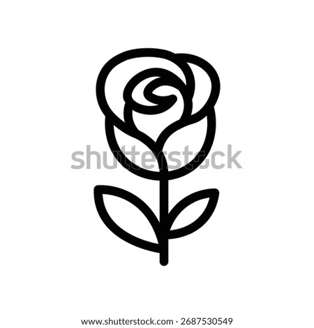 Rose line icon, elegant outline of blooming rose with stem and leaves, minimal floral vector design