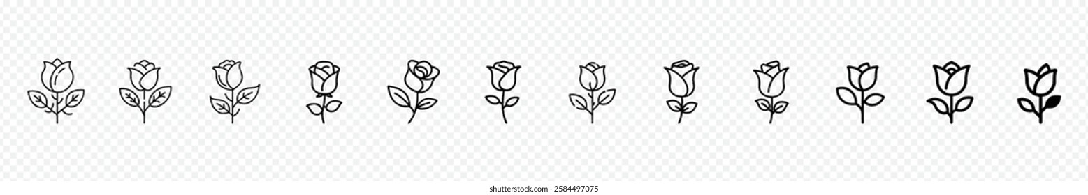 Rose line icon, Roses flat black icon set. Flowers silhouette icons, Set of roses silhouettes. Rose icon