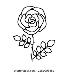 Rose, line illustration. Blooming flower head, stem and leaves. Flavor plant icon in minimalist style. Editable strokes, thin line, for label, flower shop, beauty.