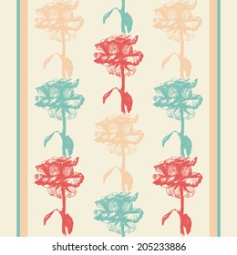 Rose line seamless background. Pattern for textile, fabric, wallpaper, runner, tablecloth. Illustration vector on pastel backdrop in retro style