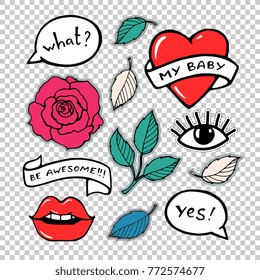 Rose, lips, eye, speech bubble. Sticker, patch, embroidery set collection. Vector artwork. Fashion badges. Wallpaper. Vintage, retro 90s concept. Black and white, red, blue, pink, green color.
