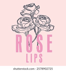 Rose Lips slogan and rose flowers, Pink lips kiss, Abstract line art rose flowers with leaves minimalistic illustration, Fashion woman print design, Rose label vector art and graphics, Lips art vector