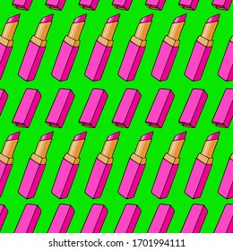 Rose lipstick seamless pattern. Women fashion texture. Pink lipsticks on neon green background