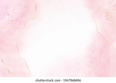 Rose liquid watercolor background with golden crackers. Pastel pink marble alcohol ink drawing effect. Vector illustration of elegant wallpaper for wedding invitation or greeting card.
