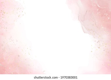 Rose liquid watercolor background with golden crackers and foil stains. Pastel pink marble alcohol ink drawing effect. Vector illustration of elegant wallpaper for wedding invitation or greeting card.