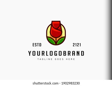 Rose Logo Design. Vektorgrafik von minimalistischer Rose vereinen sich mit dem Rahmen-Icon-Design. Modernes Logo-Design mit Line-Art-Stil.