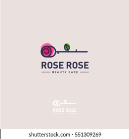Rose logo. Rose emblem. The flower on a light - pink background and letters.