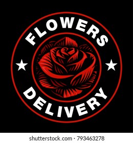 Rose logo on dark background. Flower deslivery emblem. 