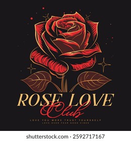 Rose love club. Rose flower. Vintage floral print vector artwork for t shirt. boys and girls vector t shirt design. Rock tour. Rock and roll tour t shirt print design. Rose flower graphic illustration