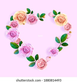 Rose love vector frame or Valentines Day floral greeting card with leaves, flowers on pink background. Holiday spring wreath design or romantic gift concept. Realistic rose wedding blossom frame 