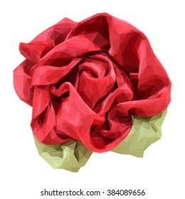 Rose Made from Red and Green Fabric Isolated on White Background. Vector Polygonal Illustration