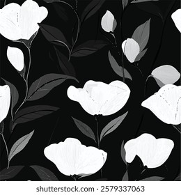 Rose Magnolia Peony Begonia Camellia Abstract Seamless Vector Pattern. Modern Victorian Style, Monochrome Linework Design