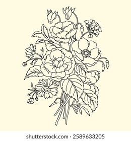 Rose Magnolia Peony Begonia Daisy Iris Dahlia Camellia Bouquet, Monochrome Linework Illusstration