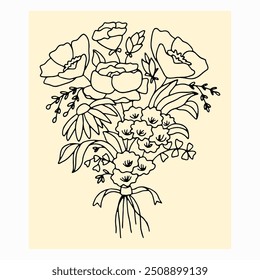 Rose Magnolia Peony Begonia Iris Dahlia Camellia Abstract Bouquet, Monochrome Linework Illusstration