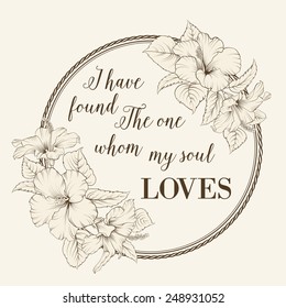 Rose Mallow Card With Circle Frame And Romantic Text. Vector Illustration