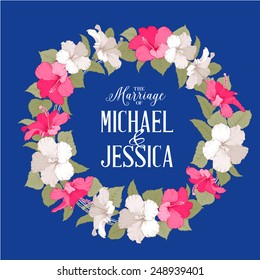 Rose mallow garland over blue background with marriage text. Vector illustration