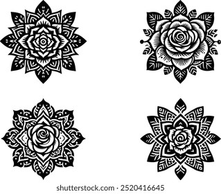 Rose mandala silhouette vector art features elegant, symmetrical floral patterns, combining beauty. Ideal for design projects, these vectors add a creative, nature-inspired touch to any artwork.