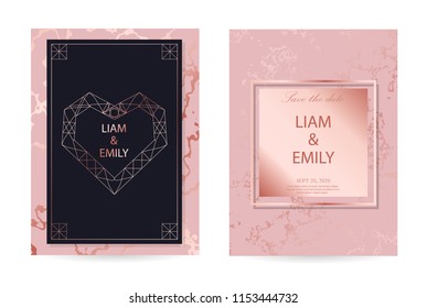 Rose marble texture wedding invitation cards with  pink  geometric line heart,  elegant background, design templates, vector illustration.