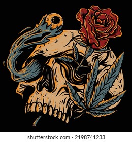 
rose and marijuana skull head vector on black background