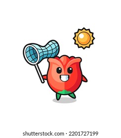 rose mascot illustration is catching butterfly , cute design