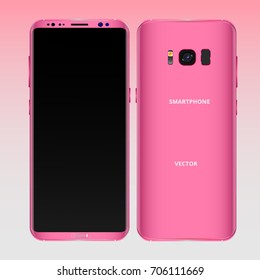 Rose mobile phone concept, front view and backside with camera, flash and speaker on a rose background. Smartphone with camera buttons, power and volume. Vector realistic high detailed illustration.