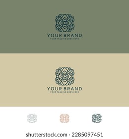 Rose monoline with geometric box, classic ornament, unique balanced pattern, modern front view, visualizing energy, softness and elegance, minimalism  