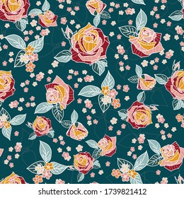 rose morden flower leaf allover teal background design