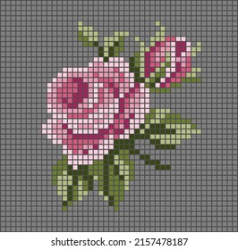 Rose mosaic tile pattern. Rose flower cross stitch pattern in vector illustration