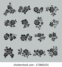 Rose motif Botanical set: collection of floral elements: branches, leaves and single rose flowers.