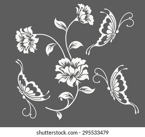 Rose motif and butterfly,Flower design elements vector.