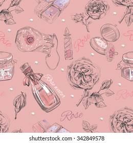 Rose natural cosmetic seamless pattern. Vector illustration