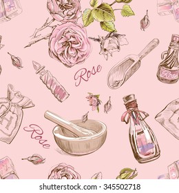 Rose natural cosmetic seamless pattern. Vector illustration