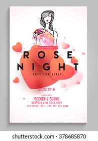 Rose Night, Ladies Party celebration Flyer, Banner or Template design decorated with glossy hearts. 